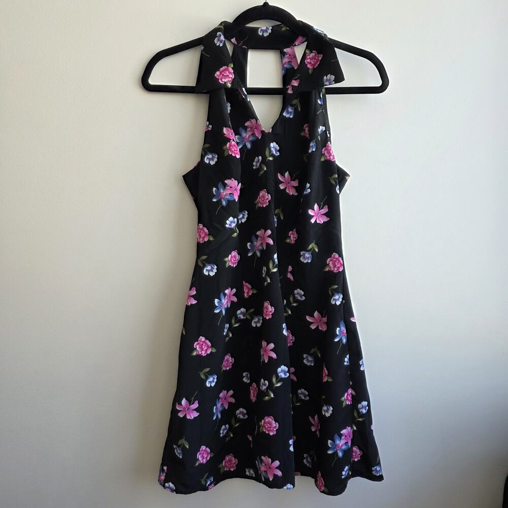 Vtg Y2K Rampage Sz 5 Halter Black Pink Floral Mini Dress Elle Woods Collar Flirt